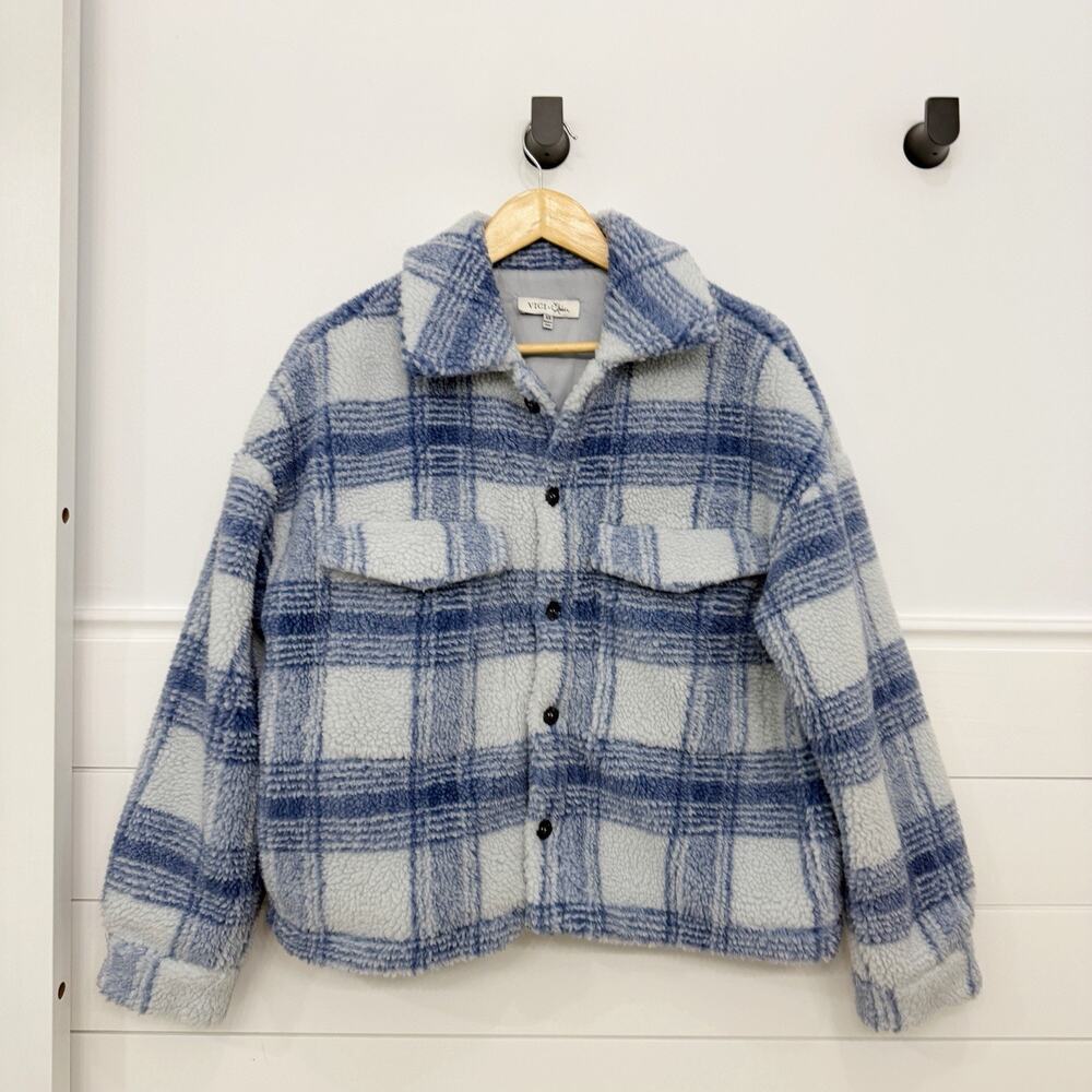 Vici X Amber Plaid Sherpa Button Down Shacket Jacket Blue Size XS